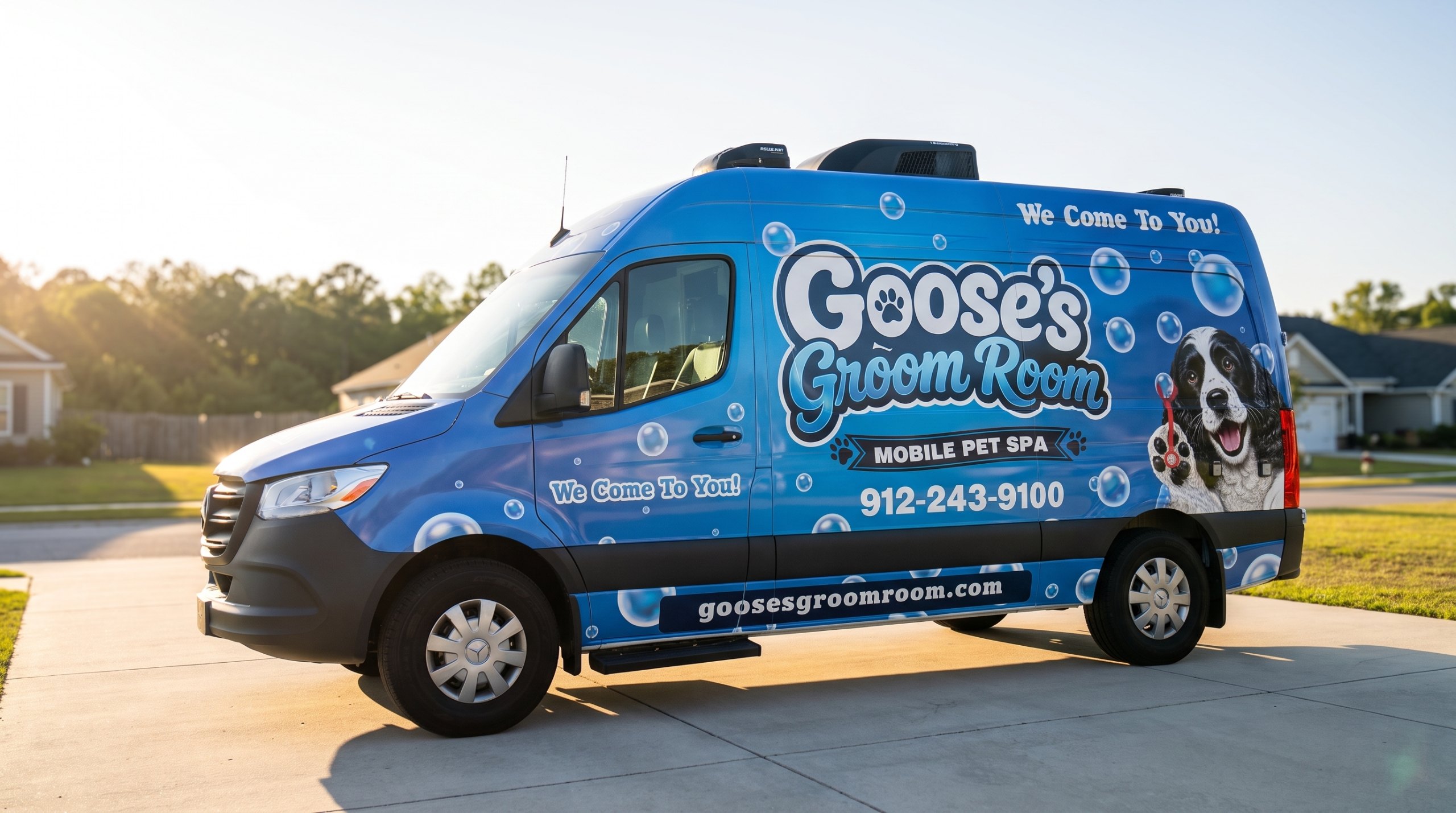 Goose’s Groom Room mobile pet spa van parked in a driveway at golden hour